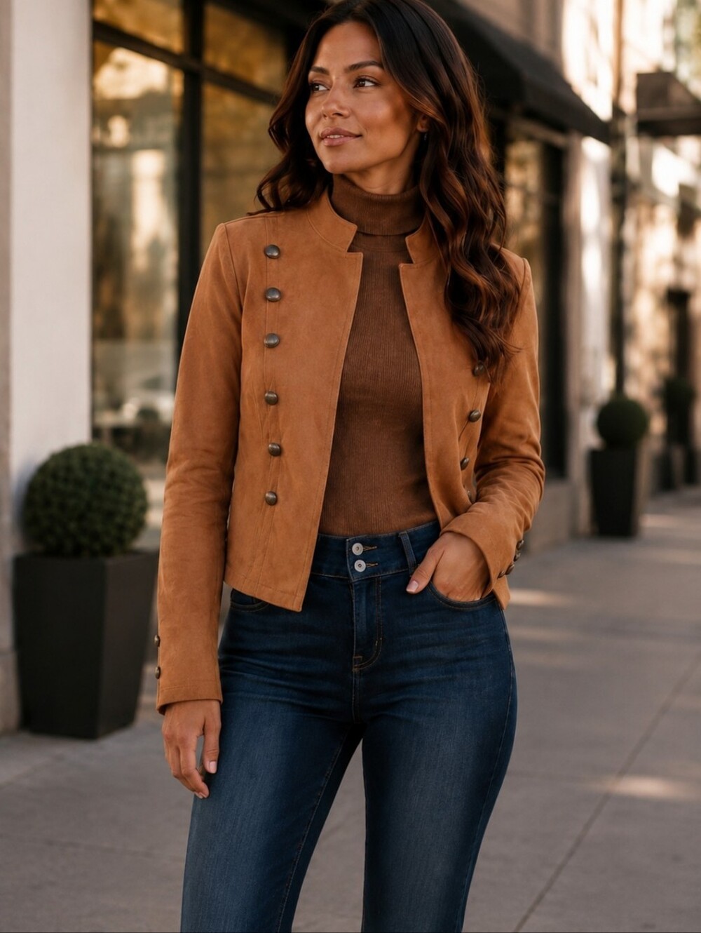 Military Style Faux Suede Jacket Camel Decorative Buttons Tailored Blazer XXL